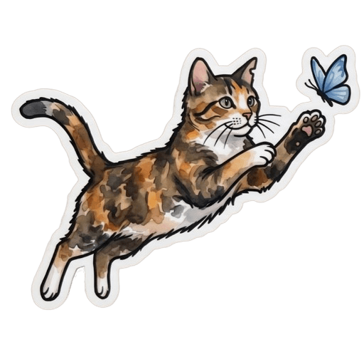 Illustrated cat reaching toward a butterfly